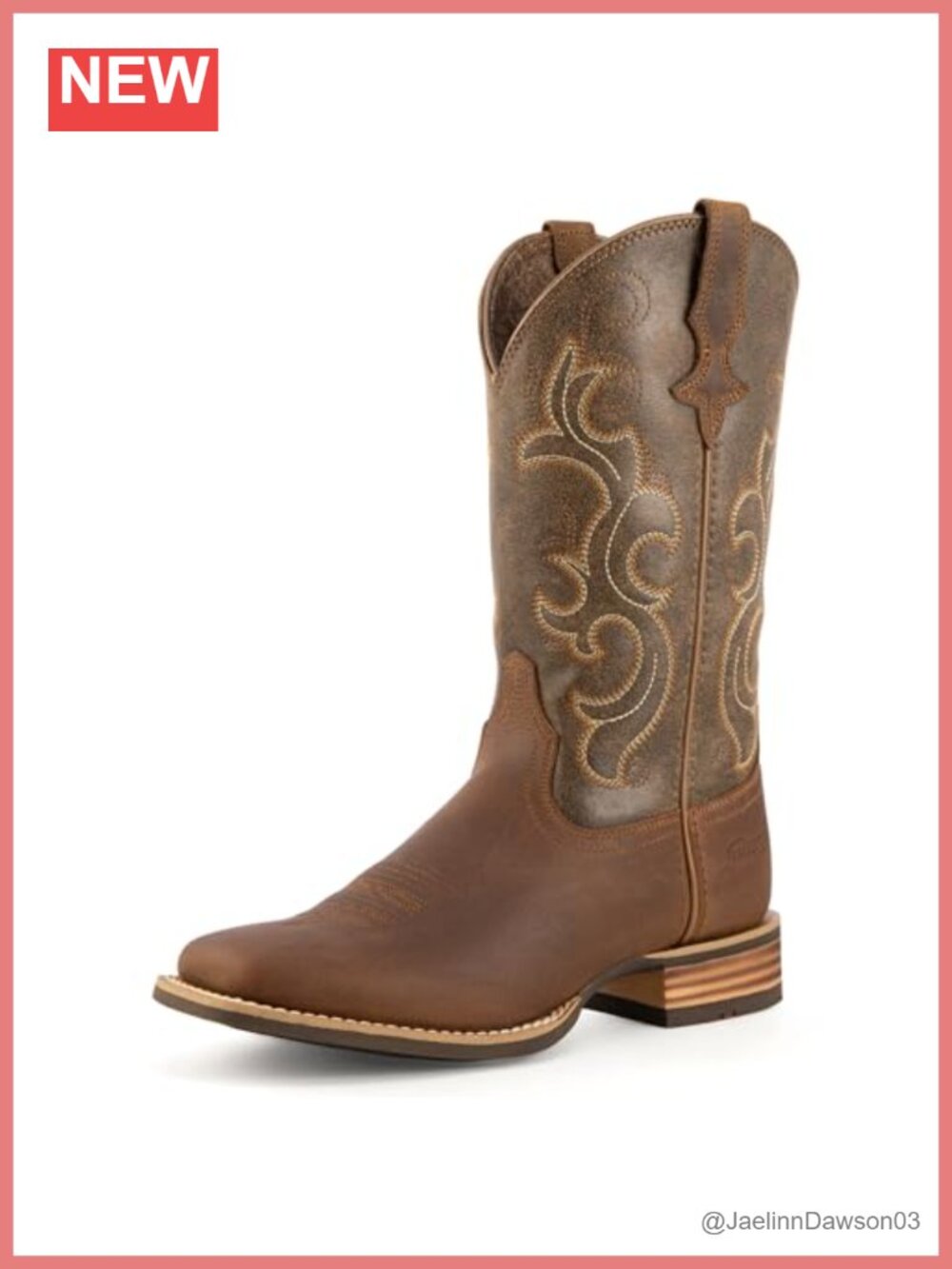 Genuine Leather Mid Calf Cowgirl Boots Square Toe Low Heel Embroidered Pull Tabs
